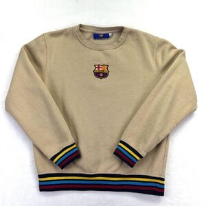 FC Barcelona Sweatshirt Mens Small Tan Soccer Football Crew Neck Striped Ribbed